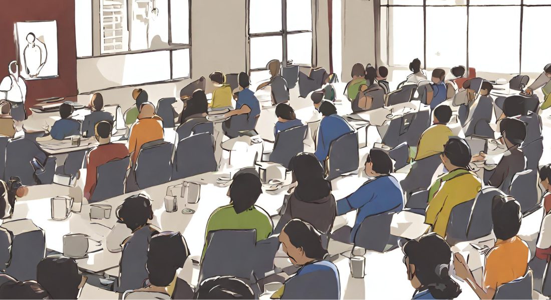 An illustration of a classroom full of people